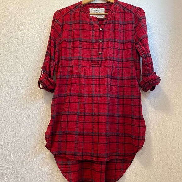 Anthro Holding Horses Red Flannel Shirt Dress - Picture 1 of 13